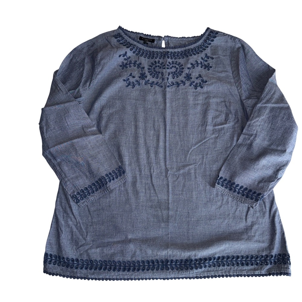 Talbots Petites Blue Embroidered Tunic Top 3/4 Sleeve‎ Round Neck